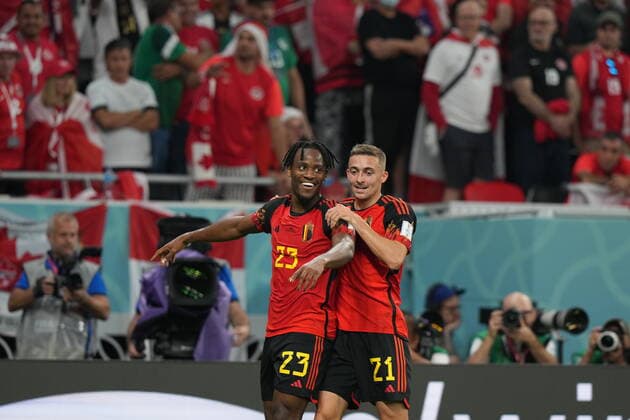 QAT, WM FIFA 2022, Group F, Belgien vs Kanada 23.11.2022, Khalifa International Stadium, Doha, QAT, WM FIFA 2022, Group F, Belgien vs Kanada, im Bild Belgium s forward Michy Batshuayi freut sich über das Tor zum 1:0.