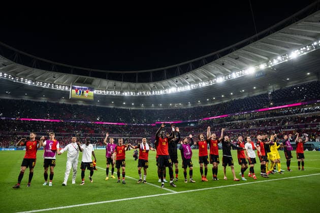 221123 Players of Belgium celebrate after the FIFA World Cup, WM, Weltmeisterschaft, Fussball 2022 football match between Belgium and Canada on November 23, 2022 in Doha. Photo: Joel Marklund BILDBYRAN kod JM JM0385 bbeng fotboll football soccer fotball vm fotbolls-vm fotball-vm fotbolls-vm 2022 fifa world cup 2022 belgien belgium kanada canada jubel Copyright: JOELxMARKLUND BB221123JM158