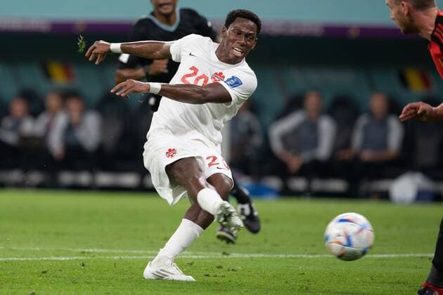 RECORD DATE NOT STATED FIFA World Cup, WM, Weltmeisterschaft, Fussball Qatar 2022 Belgium 1-0 Canada Jonathan David of Canada during the game Belgium vs Canada, Corresponding to Group F of the FIFA World Cup Qatar 2022, at Ahmad bin Ali Stadium, Al-Rayyan, November 23, 2022. <br><br> Jonathan David de Canada durante el partido Belgica vs Canada, correspondiente al Grupo F de la Copa Mundial de la FIFA Qatar 2022, en el Estadio Ahmad bin Ali, Al-Rayyan, 23 de noviembre de 2022. AL RAYYAN DOHA QATAR Copyright: xDavidxLeahx 20221123_8614