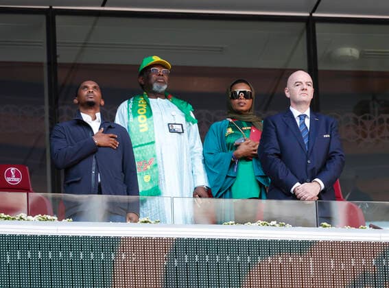 Switzerland v Cameroon 2022 FIFA World Cup, WM, Weltmeisterschaft, Fussball Cameroonian Football Federation President Samuel Eto o (Left) and FIFA President Gianni Infantino stand during the Cameroon national anthem before the 2022 FIFA World Cup Group G match at Al Janoub Stadium, Al Wakrah Content Not Available For UK Newspapers Copyright: xPaulxChestertonx FIL-17641-0086 UK Newspapers OUT