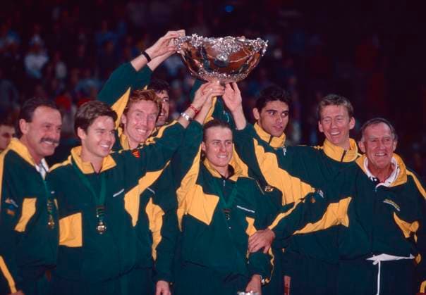 Australian tennis team at the award ceremony with the trophy, Davis Cup, France 1999 