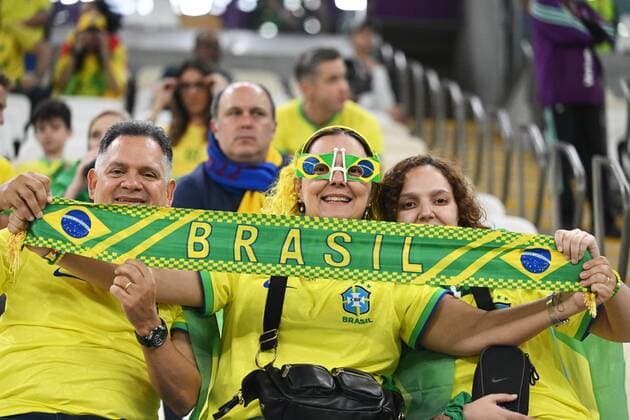 Qatar Soccer World Cup Brazil - Serbia 8324068 24.11.2022 Brazil s fans pose for a photo before the start of the Qatar 2022 World Cup Group G soccer match between Brazil and Serbia at the Lusail Stadium in Lusail, Qatar. Grigory Sysoev Sputnik Lusail Qatar  Copyright: xGrigoryxSysoevx