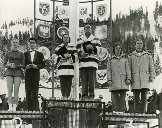 Pairs figure skaters champions, from left: Marika Kilius and Hans Baumler, Germany, silver medal; Barbara Wagner and Robert Paul, Canada, gold medal; Nancy and Ronald Ludington, US, bronze medal, VIII Olympic Games, Olympische Spiele, Olympia, OS Squaw Valley, USA 1960 