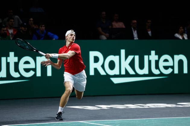November 24, 2022, MALAGA, MADRID, SPAIN: Vasek Pospisil and Denis Shapovalov of Canada play doubles against Kevin Krawietz and Tim Puetz of Germany during the third doubles tennis match from Davis Cup Finals 2022, Quarter-Finals round, played between Germany and Canada at Palacio de Deportes Martin Carpena pavilion on november 24, 2022, in Malaga, Spain. MALAGA SPAIN - ZUMAa181 20221124_zaa_a181_181 Copyright: xOscarxJ.xBarrosox