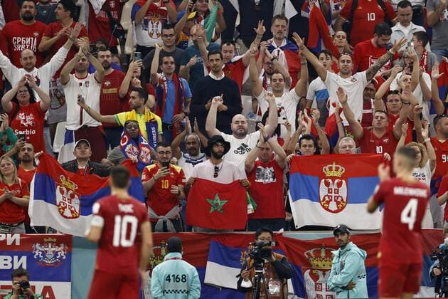 LUSAIL CITY - Supporters of Serbia during the FIFA World Cup, WM, Weltmeisterschaft, Fussball Qatar 2022 group G match between Brazil and Serbia at Lusail Stadium on November 24, 2022 in Lusail City, Qatar. AP Dutch Height MAURICE OF STONE FIFA World Cup Qatar 2022 2022 xVIxANPxSportx xMauricexvanxSteenxWKxIVx *** LUSAIL CITY Supporters of Serbia during the FIFA World Cup Qatar 2022 group G match between Brazil and Serbia at Lusail Stadium on November 24, 2022 in Lusail City, Qatar AP Dutch Height MAURICE OF STONE FIFA World Cup Qatar 2022 2022 xVIxANPxSportx xMauricexvanxSteenxWKxIVx 458306657 originalFilename: 458306657.jpg