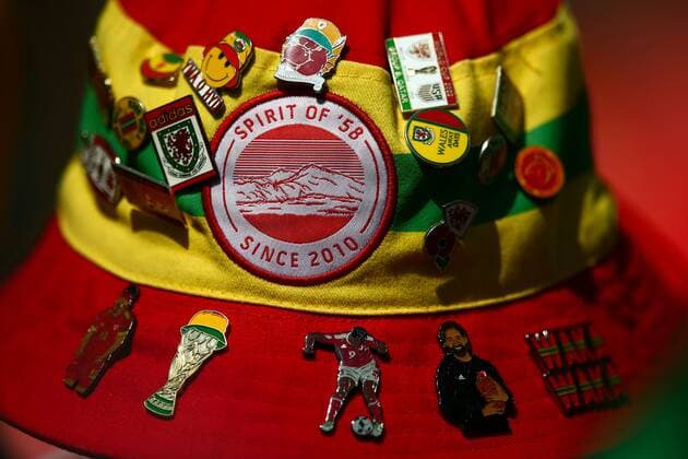 Mandatory Credit: Photo by Michael Zemanek Shutterstock (13634746h) Welsh badges on a bucket hat Wales v Iran, FIFA World Cup, WM, Weltmeisterschaft, Fussball 2022, Group B, Football, Ahmad Bin Ali Stadium, Ar-Rayyan, Qatar - 25 Nov 2022 Editorial Use Only Wales v Iran, FIFA World Cup 2022, Group B, Football, Ahmad Bin Ali Stadium, Ar-Rayyan, Qatar - 25 Nov 2022 Editorial Use Only  Copyright: xMichaelxZemanek Shutterstockx 13634746h