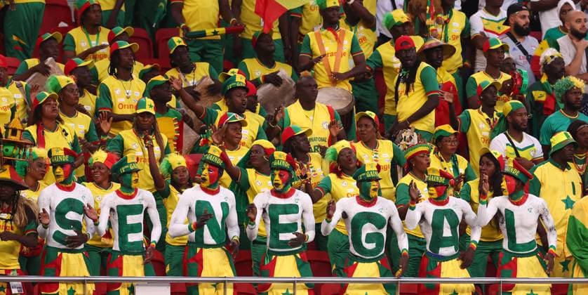 Doha, Qatar, 25th November 2022. Senegal fans watch the match during the FIFA World Cup, WM, Weltmeisterschaft, Fussball 2022 match at Al Thumama Stadium, Doha. Picture credit should read: David Klein Sportimage EDITORIAL USE ONLY. No use with unauthorised audio, video, data, fixture lists, club league logos or live services. Online in-match use limited to 120 images, no video emulation. No use in betting, games or single club league player publications. SPI-2064-0041