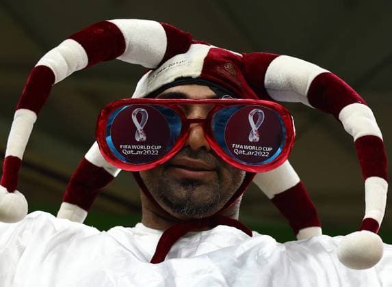 Doha, Qatar, 25th November 2022. Qatar fan during the FIFA World Cup, WM, Weltmeisterschaft, Fussball 2022 match at Al Thumama Stadium, Doha. Picture credit should read: David Klein Sportimage EDITORIAL USE ONLY. No use with unauthorised audio, video, data, fixture lists, club league logos or live services. Online in-match use limited to 120 images, no video emulation. No use in betting, games or single club league player publications. SPI-2064-0051