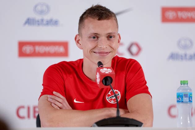 press conference, PK, Pressekonferenz of Canadian national football team Alistair Johnston during the Canadian National Soccer Team press conference at the Umm Salal Club in Doha, Qatar on November 25, 2022. IgorxKralj PIXSELL