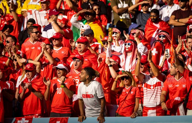 Doha, Qatar. 24th Nov, 2022. Swiss Fans Switzerland - Cameroon World Cup 2022 in Qatar 24.11.2022 Credit: Moritz Müller *** Doha, Qatar 24th Nov, 2022 Swiss Fans Switzerland Cameroon World Cup 2022 in Qatar 24 11 2022 Credit Moritz Müller