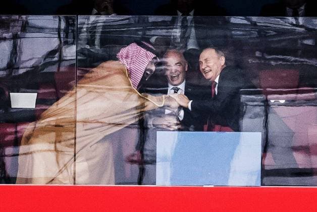 2018 FIFA World Cup, WM, Weltmeisterschaft, Fussball Saudi Crown Prince Mohammed bin Salman, FIFA president Gianni Infantino, Russias president Vladimir Putin watching Russia - Saudi Arabia 5-0 at Luzhniki stadium, Moscow, Russia 2018-06-14 (c) ORRE PONTUS Aftonbladet IBL Bildbyra * * * EXPRESSEN OUT * * * AFTONBLADET 85527 Saudiarabiens kronprins Mohammed bin Salman, Fifas president Gianni Infantino, Rysslands president Vladimir Putin tillsammans pa Luzhniki stadium, Moskva, Ryssland, Fotbolls-VM 2018 Ryssland - Saudiarabien 5-0 2018-06-14 Moscow Russia roy x2512x *** 2018 FIFA World CUP Saudi Crown Prince Mohammed bin Salman, FIFA president Gianni Infantino, Russias president Vladimir Putin watching Russia Saudi Arabia 5 0 at Luzhniki stadium, Moscow, Russia 2018 06 14 c ORRE PONTUS Aftonbladet IBL Bildbyra EXPRESSEN OUT AFTONBLADET 85527 Saudi Arabias Crown Prince Mohammed bin Salman, Fifa President Gianni Infantino, Russian President Vladimir Putin together at Luzhniki stadium, Moscow, Russia, Football World Cup 2018 Russia Saudi Arabia 5 0 2018 06 14 Moscow Russia roy x2512x  Copyright: xPontusxOrre Aftonbladet TTx 2018 FIFA World CUP