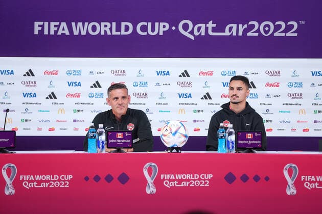 PXL_Canada press conference, PK, Pressekonferenz Coach John Herdman and player Stephen Eustaquio during the Canadian National Soccer Team press conference at the Qatar National Convention Centre in Doha, Qatar on November 26, 2022. IgorxKralj PIXSELL
