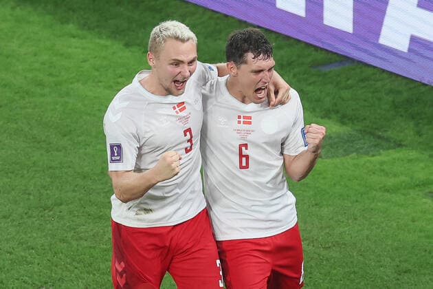 Danish Andreas Christensen celebrates after scoring during a soccer game between France and Denmark, in Group D of the FIFA 2022 World Cup, at the Stadium 974, in Doha, State of Qatar on Saturday 26 November 2022. BRUNOxFAHY  x53975599x