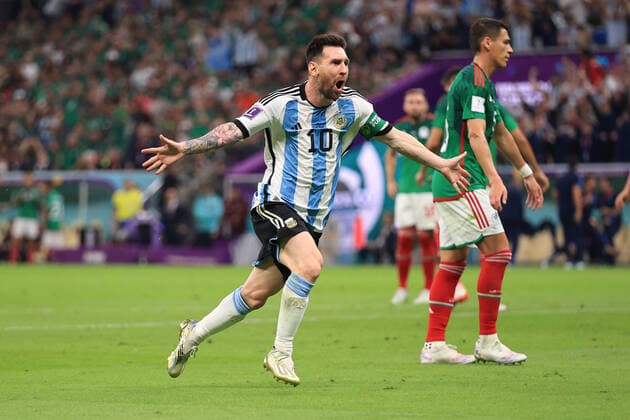 Football - FIFA World Cup, WM, Weltmeisterschaft, Fussball - Group C - Argentina v Mexico 26th November 2022 - FIFA World Cup - Group C - Argentina v Mexico - Lionel Messi of Argentina celebrates their first goal - Photo: Simon Stacpoole Offside. Doha Qatar Copyright: xSimonxStacpoolexOffside