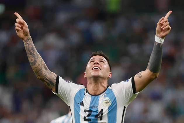 Enzo Fernandez of Argentina celebrates a goal during a FIFA World Cup, WM, Weltmeisterschaft, Fussball soccer match of the group phase between Argentina and Mexico at Lusail stadium in Lusail, Qatar 25 November 2022. World Cup 2022: Argentina vs. Mexico !ACHTUNG: NUR REDAKTIONELLE NUTZUNG!  Copyright: xJuanxIgnacioxRoncoronix GR6297 20221126-6a902ae5708286d3e47533f6bbc25e9695ceb61a