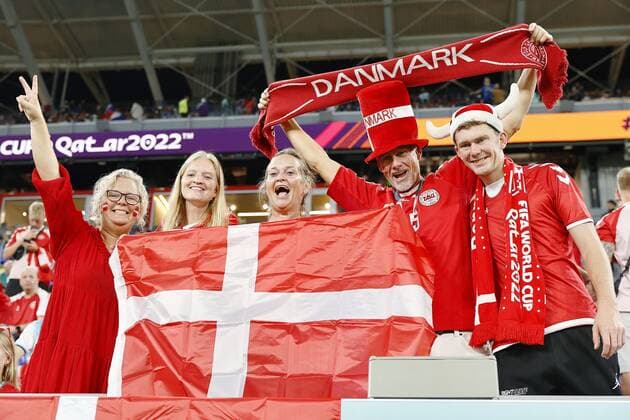 Football World Cup in Qatar Denmark supporters cheer ahead of a World Cup Group D football match against France at Stadium 974 in Doha, Qatar, on Nov. 26, 2022.  A14AA0001364018P 