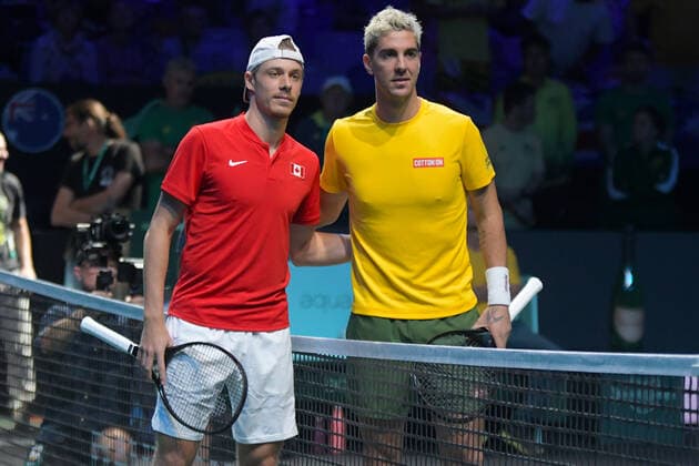 RECORD DATE NOT STATED MALAGA, SPAIN - NOVEMBER 27 : Denis Shapovalov and Thanasi Kokkinakis during the Davis Cup by Rakuten Finals 2022 finals match between Australia and Canada at Palacio de los Deportes Jose Maria Martin Carpena on November 27, 2022 in Malaga, Spain Copyright: xAndreaxRositox DSC_2429