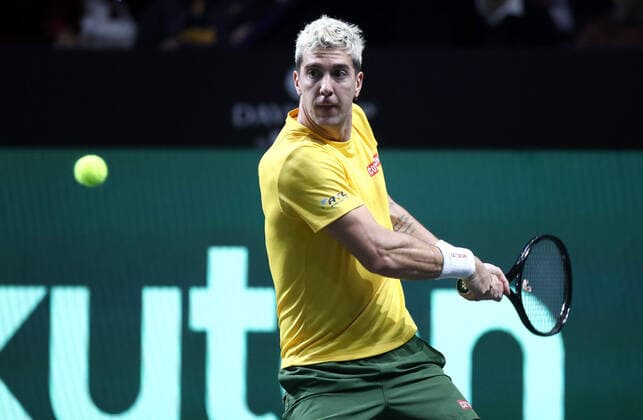 Day Six - Davis Cup Finals 2022 MALAGA, SPAIN - NOVEMBER 27: Thanasi Kokkinakis of Australia plays a backhand during the Davis Cup by Rakuten Finals 2022 Final match between Australia and Canada at Palacio de los Deportes Jose Maria Martin Carpena on November 27, 2022 in Malaga, Spain. SanjinxStrukic PIXSELL