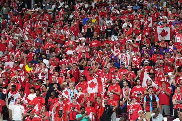 November 27, 2022, AL RAYYAN, QATAR: Canadian fans cheer ahead of F World Cup soccer action between Canada and Croatia at the Khalifa International Stadium in Al Rayyan, Qatar on Sunday, November 27, 2022. Canada News - November 27, 2022  - ZUMAc35_ 20221127_zaf_c35_001 Copyright: xNathanxDenettex