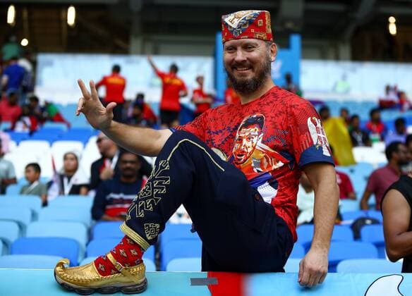 Mandatory Credit: Photo by Kieran McManus Shutterstock (13634916c) A Serbia fan shows off his customised footwear Cameroon v Serbia, FIFA World Cup, WM, Weltmeisterschaft, Fussball 2022, Group G, Football, Al Janoub Stadium, Al Wakrah, Qatar - 28 Nov 2022 Editorial Use Only Cameroon v Serbia, FIFA World Cup 2022, Group G, Football, Al Janoub Stadium, Al Wakrah, Qatar - 28 Nov 2022 Editorial Use Only  Copyright: xKieranxMcManus Shutterstockx 13634916c