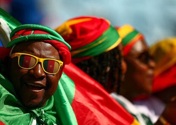 Mandatory Credit: Photo by Michael Zemanek Shutterstock (13634919d) Cameroon fans look jubilant before kick-off Cameroon v Serbia, FIFA World Cup, WM, Weltmeisterschaft, Fussball 2022, Group G, Football, Al Janoub Stadium, Al Wakrah, Qatar - 28 Nov 2022 Editorial Use Only Cameroon v Serbia, FIFA World Cup 2022, Group G, Football, Al Janoub Stadium, Al Wakrah, Qatar - 28 Nov 2022 Editorial Use Only  Copyright: xMichaelxZemanek Shutterstockx 13634919d
