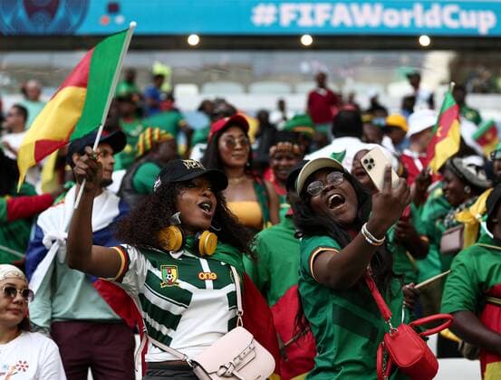 Mandatory Credit: Photo by Michael Zemanek Shutterstock (13634919j) Cameroon fans look jubilant before kick-off Cameroon v Serbia, FIFA World Cup, WM, Weltmeisterschaft, Fussball 2022, Group G, Football, Al Janoub Stadium, Al Wakrah, Qatar - 28 Nov 2022 Editorial Use Only Cameroon v Serbia, FIFA World Cup 2022, Group G, Football, Al Janoub Stadium, Al Wakrah, Qatar - 28 Nov 2022 Editorial Use Only  Copyright: xMichaelxZemanek Shutterstockx 13634919j