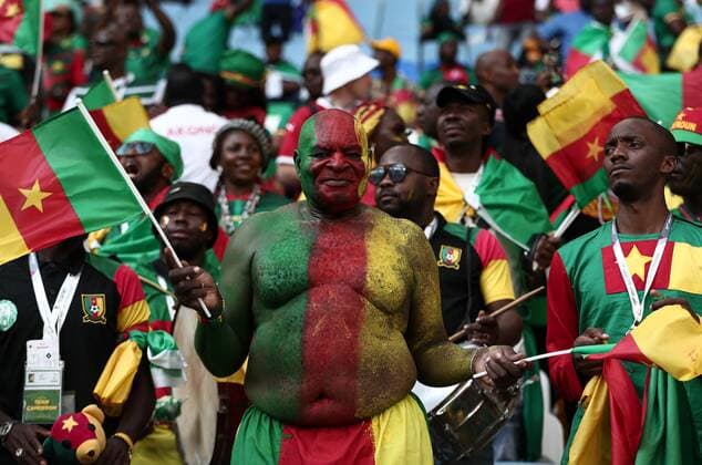 Mandatory Credit: Photo by Michael Zemanek Shutterstock (13634919i) Cameroon fans look jubilant before kick-off Cameroon v Serbia, FIFA World Cup, WM, Weltmeisterschaft, Fussball 2022, Group G, Football, Al Janoub Stadium, Al Wakrah, Qatar - 28 Nov 2022 Editorial Use Only Cameroon v Serbia, FIFA World Cup 2022, Group G, Football, Al Janoub Stadium, Al Wakrah, Qatar - 28 Nov 2022 Editorial Use Only  Copyright: xMichaelxZemanek Shutterstockx 13634919i