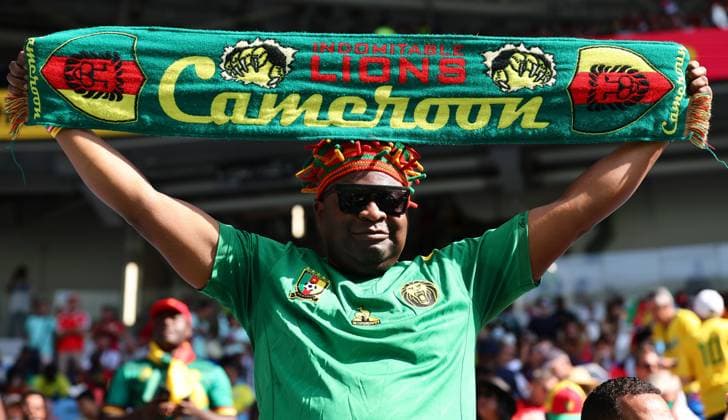 Al Wukair, Qatar, 28th November 2022. Cameroon fan during the FIFA World Cup, WM, Weltmeisterschaft, Fussball 2022 match at Al Janoub Stadium, Al Wukair. Picture credit should read: David Klein Sportimage EDITORIAL USE ONLY. No use with unauthorised audio, video, data, fixture lists, club league logos or live services. Online in-match use limited to 120 images, no video emulation. No use in betting, games or single club league player publications. SPI-2069-0002