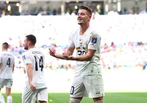 Al Wukair, Qatar, 28th November 2022. Sergej Milinkovic-Savic of Serbia (r) celebrates scoring their second goal during the FIFA World Cup, WM, Weltmeisterschaft, Fussball 2022 match at Al Janoub Stadium, Al Wukair. Picture credit should read: David Klein Sportimage EDITORIAL USE ONLY. No use with unauthorised audio, video, data, fixture lists, club league logos or live services. Online in-match use limited to 120 images, no video emulation. No use in betting, games or single club league player publications. SPI-2069-0063