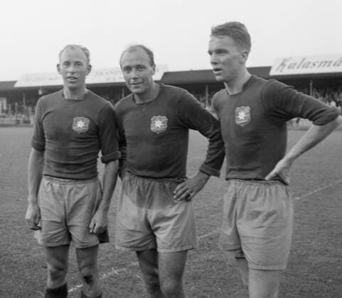 Göteborg augusti 1956 - Gamla Ullevi fr v Tölö Kristiensson, Gunnar Gren och Agne Simonsson