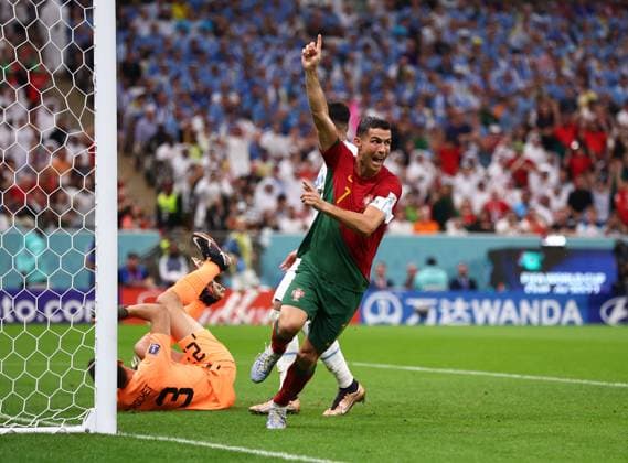 Doha, Qatar, 28th November 2022. Cristiano Ronaldo of Portugal celebrate scoring the first goal during the FIFA World Cup, WM, Weltmeisterschaft, Fussball 2022 match at Lusail Stadium, Doha. Picture credit should read: David Klein Sportimage EDITORIAL USE ONLY. No use with unauthorised audio, video, data, fixture lists, club league logos or live services. Online in-match use limited to 120 images, no video emulation. No use in betting, games or single club league player publications. SPI-2070-0106