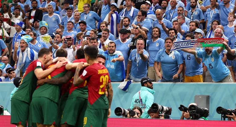 Doha, Qatar, 28th November 2022. Uruguay fans respond to the Portugal second goal during the FIFA World Cup, WM, Weltmeisterschaft, Fussball 2022 match at Lusail Stadium, Doha. Picture credit should read: David Klein Sportimage EDITORIAL USE ONLY. No use with unauthorised audio, video, data, fixture lists, club league logos or live services. Online in-match use limited to 120 images, no video emulation. No use in betting, games or single club league player publications. SPI-2070-0137