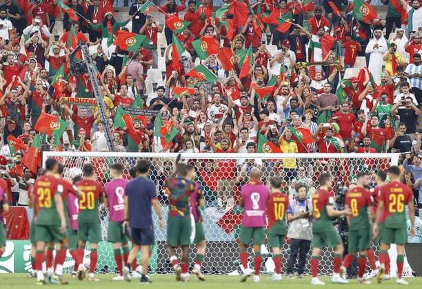 Football World Cup in Qatar Supporters celebrate after Portugal secured a spot in the World Cup Round of 16 with a 2-0 win over Uruguay in a Group H football match at Lusail Stadium in Lusail, Qatar, on Nov. 28, 2022.  A14AA0001365756P 