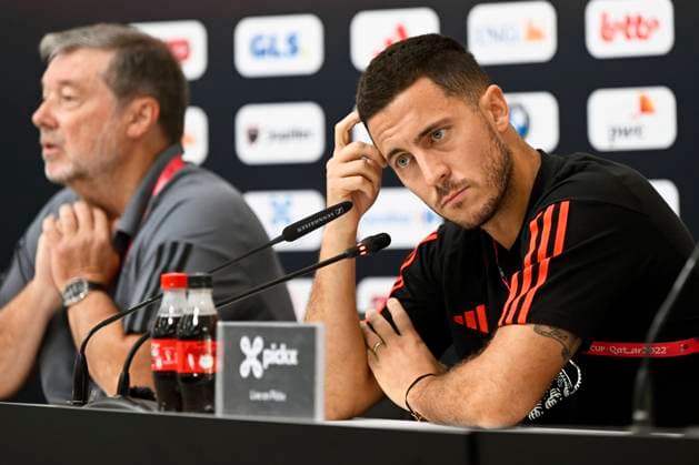 Sport Bilder des Tages DOHA, QATAR - NOVEMBER 29 : Hazard Eden midfielder of Belgium talking to the press during a press conference, PK, Pressekonferenz prior the FIFA World Cup, WM, Weltmeisterschaft, Fussball Qatar 2022 Group F match between Croatia and Belgium at the Qatar National Convention Center on November 29, 2022 in Doha, Qatar, 29 11 2022 ( Croatia - Belgium - FIFA World Cup Qatar 2022 PhotoNews Panoramic 