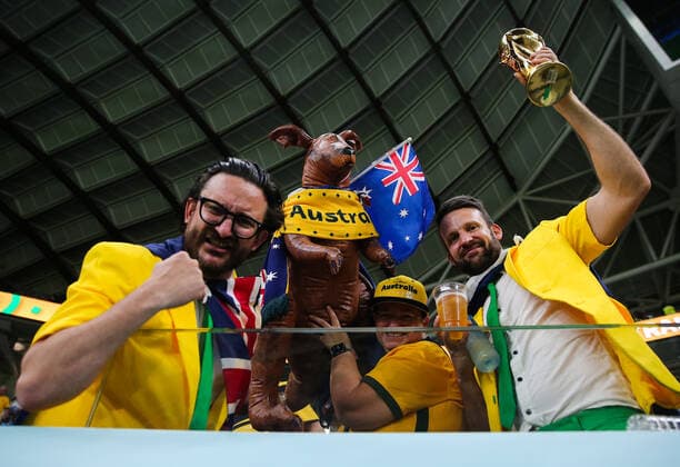 Mandatory Credit: Photo by Michael Zemanek Shutterstock (13640327g) Australian fans with their Kangaroo and a replica World Cup Trophy enjoy the build up Australia v Denmark, FIFA World Cup, WM, Weltmeisterschaft, Fussball 2022, Group D, Football, Al Janoub Stadium, Al Wakrah, Qatar - 30 Nov 2022 Editorial Use Only Australia v Denmark, FIFA World Cup 2022, Group D, Football, Al Janoub Stadium, Al Wakrah, Qatar - 30 Nov 2022 Editorial Use Only  Copyright: xMichaelxZemanek Shutterstockx 13640327g
