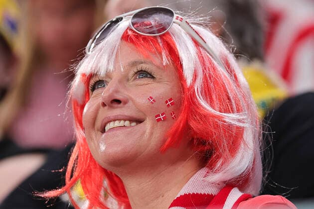 (221130) -- AL WAKRAH, Nov. 30, 2022 -- A fan of Denmark waits for the start of the Group D match between Australia and Denmark at the 2022 FIFA World Cup, WM, Weltmeisterschaft, Fussball at Al Janoub Stadium in Al Wakrah, Qatar, Nov. 30, 2022. ) (SP)QATAR-AL WAKRAH-2022 WORLD CUP-GROUP D-AUS VS DEN WangxDongzhen 