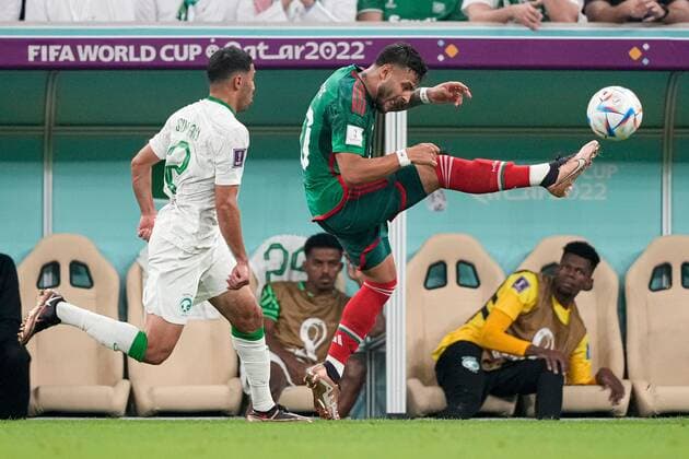Mandatory Credit: Photo by Dave Shopland Shutterstock (13640353v) Ernesto Vega of Mexico clears from Sultan Al-Ghannam of Saudi Arabia Saudi Arabia v Mexico, FIFA World Cup, WM, Weltmeisterschaft, Fussball 2022, Group C, Football, Lusail Stadium, Al Daayen, Qatar - 30 Nov 2022 Editorial Use Only Saudi Arabia v Mexico, FIFA World Cup 2022, Group C, Football, Lusail Stadium, Al Daayen, Qatar - 30 Nov 2022 Editorial Use Only Copyright: xDavexShopland Shutterstockx 13640353v