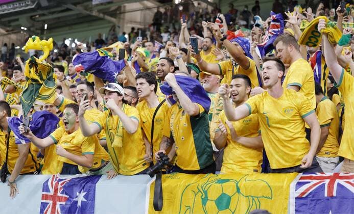 Football World Cup in Qatar Fans go wild in the stands after Australia reached the last 16 with a 1-0 win over Denmark in a World Cup Group D football match at Al Janoub Stadium in Al Wakrah, Qatar on Nov. 30, 2022.  A14AA0001367598P 