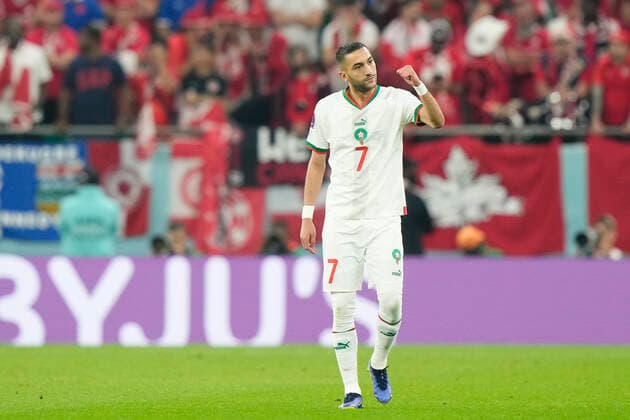 Canada v Morocco: Group F - FIFA World Cup, WM, Weltmeisterschaft, Fussball Qatar 2022 Hakim Ziyech attacking midfield of Morocco and Chelsea FC celebrates after scoring his sides first goal during the FIFA World Cup Qatar 2022 Group F match between Canada and Morocco at Al Thumama Stadium on December 1, 2022 in Doha, Qatar. Doha Qatar  Copyright: xJosexBretonx originalFilename:breton-canadavm221201_npUIU.jpg