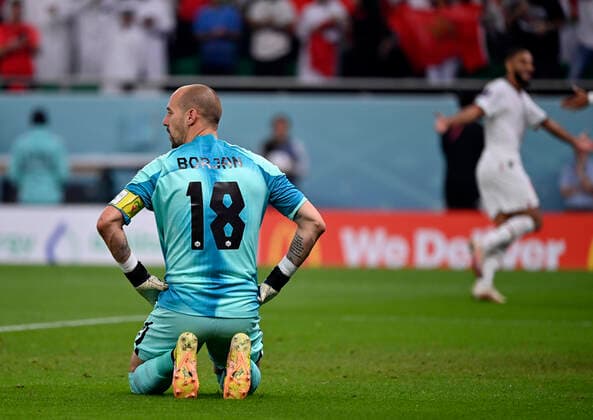 (221201) -- DOHA, Dec. 1, 2022 -- Canada s goalkeeper Milan Borjan reacts after Youssef En-Nesyri of Morocco scoring during the Group F match between Canada and Morocco at the 2022 FIFA World Cup, WM, Weltmeisterschaft, Fussball at Al Thumama Stadium in Doha, Qatar, Dec. 1, 2022. ) (SP)QATAR-DOHA-2022 WORLD CUP-GROUP F-CAN VS MAR ChenxCheng 