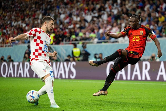 221201 Josip Juranovic of Croatia and Jeremy Doku of Belgium during the FIFA World Cup, WM, Weltmeisterschaft, Fussball 2022 football match between Croatia and Belgium on December 1, 2022 in Doha. Photo: Joel Marklund BILDBYRAN kod JM JM0397 bbeng fotboll football soccer fotball vm fotbolls-vm fotball-vm fotbolls-vm 2022 fifa world cup 2022 kroatien croatia belgien belgium Copyright: JOELxMARKLUND BB221201JM060