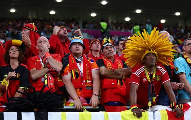 Al Rayyan, Qatar, 1st December 2022. Belgian fans look despondent during the FIFA World Cup, WM, Weltmeisterschaft, Fussball 2022 match at Ahmad bin Ali Stadium, Al Rayyan. Picture credit should read: David Klein Sportimage EDITORIAL USE ONLY. No use with unauthorised audio, video, data, fixture lists, club league logos or live services. Online in-match use limited to 120 images, no video emulation. No use in betting, games or single club league player publications. SPI-2076-0105