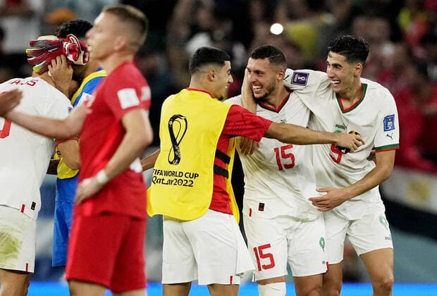 Mandatory Credit: Photo by Dave Shopland Shutterstock (13640369di) Nayef Aguerd of Morocco and team mates celebrate at full time. Canada v Morocco, FIFA World Cup, WM, Weltmeisterschaft, Fussball 2022, Group F, Football, Al Thumama Stadium, Doha, Qatar - 01 Dec 2022 Editorial Use Only Canada v Morocco, FIFA World Cup 2022, Group F, Football, Al Thumama Stadium, Doha, Qatar - 01 Dec 2022 Editorial Use Only Copyright: xDavexShopland Shutterstockx 13640369di
