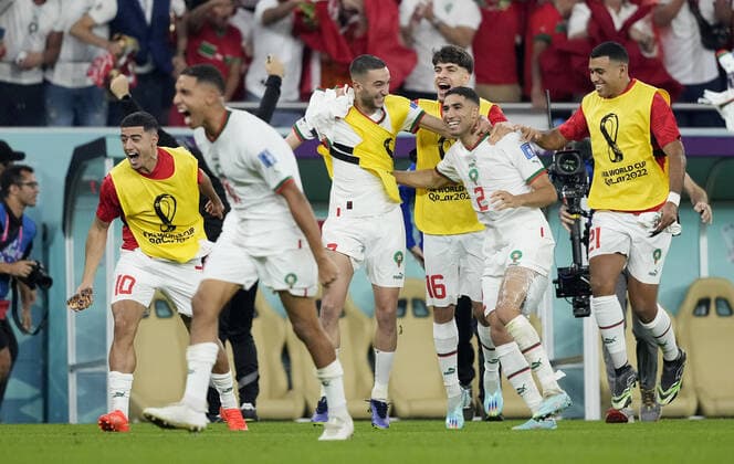 Mandatory Credit: Photo by Dave Shopland Shutterstock (13640369dp) Morocco players celebrate at full time. Canada v Morocco, FIFA World Cup, WM, Weltmeisterschaft, Fussball 2022, Group F, Football, Al Thumama Stadium, Doha, Qatar - 01 Dec 2022 Editorial Use Only Canada v Morocco, FIFA World Cup 2022, Group F, Football, Al Thumama Stadium, Doha, Qatar - 01 Dec 2022 Editorial Use Only Copyright: xDavexShopland Shutterstockx 13640369dp