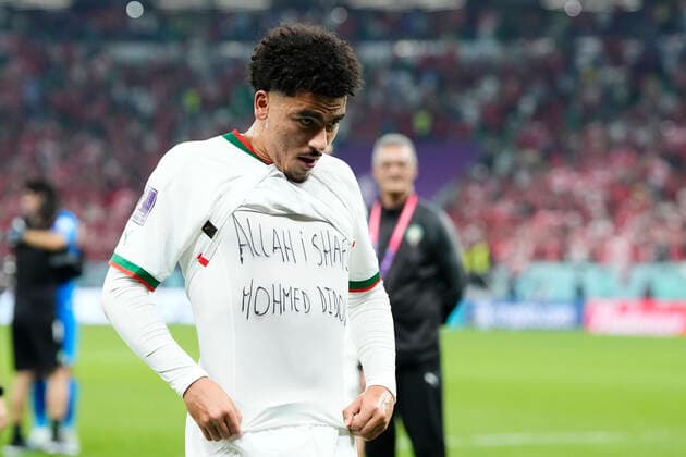 Canada v Morocco: Group F - FIFA World Cup, WM, Weltmeisterschaft, Fussball Qatar 2022 Zakaria Aboukhlal right winger of Morocco and FC Toulouse celebrates victory after the FIFA World Cup Qatar 2022 Group F match between Canada and Morocco at Al Thumama Stadium on December 1, 2022 in Doha, Qatar. Doha Qatar  Copyright: xJosexBretonx originalFilename:breton-canadavm221201_npCb7.jpg