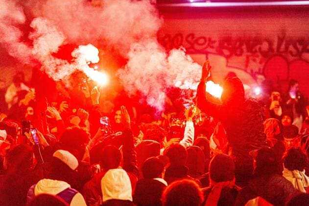 Illustration picture shows Moroccan supporters celebrating after winning their game against Canada , in Group F of the FIFA 2022 World Cup, in Brussels, on Thursday 01 December 2022. JONASxROOSENS  x54386755x