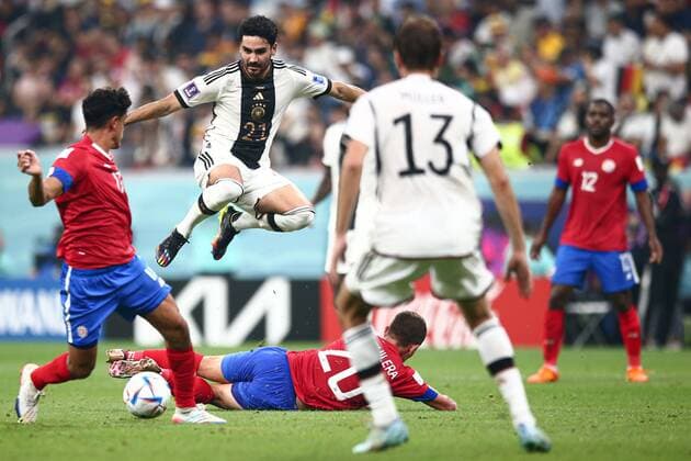 Mandatory Credit: Photo by Michael Zemanek Shutterstock (13640393i) Ilkay Gundogan of Germany avoids a tackle from Brandon Aguilera of Costa Rica Costa Rica v Germany, FIFA World Cup, WM, Weltmeisterschaft, Fussball 2022, Group E, Football, Al Bayt Stadium, Al Khor, Qatar - 01 Dec 2022 Editorial Use Only Costa Rica v Germany, FIFA World Cup 2022, Group E, Football, Al Bayt Stadium, Al Khor, Qatar - 01 Dec 2022 Editorial Use Only  Copyright: xMichaelxZemanek Shutterstockx 13640393i