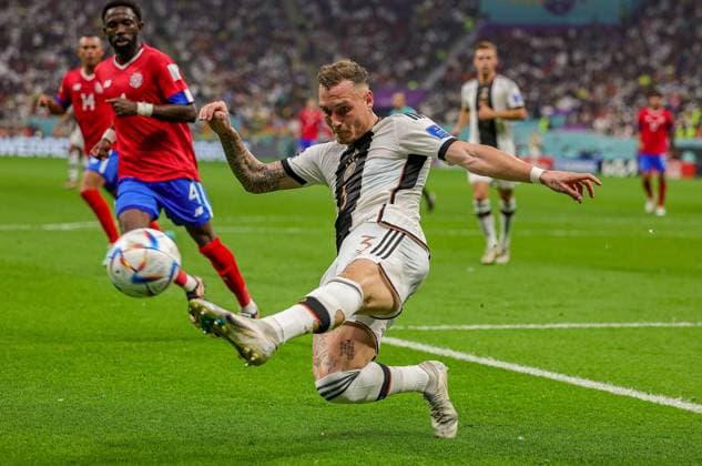 Costa Rica v Germany 2022 FIFA World Cup, WM, Weltmeisterschaft, Fussball 01 12 2022. Match 44 David Raum (3) of Germany clears the ball during the 2022 Fifa World Cup match between Costa Rica and Germany at Al Bayt Stadium, Al Khor, Qatar on 1 December 2022. Editorial use only , Copyright: xNigelxKeenex PSI-16417-0026