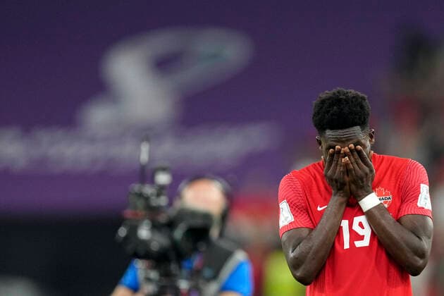 Bilder des Jahres, Sport 12 Dezember Sport Themen der Woche KW48 Sport Bilder des Tages (221201) -- DOHA, Dec. 1, 2022 -- Alphonso Davies of Canada reacts after the Group F match between Canada and Morocco at the 2022 FIFA World Cup, WM, Weltmeisterschaft, Fussball at Al Thumama Stadium in Doha, Qatar, Dec. 1, 2022. ) (SP)QATAR-DOHA-2022 WORLD CUP-GROUP F-CAN VS MAR MengxDingbo 