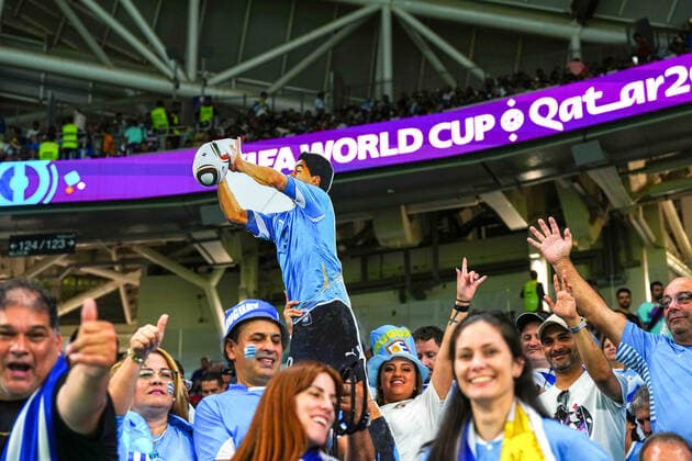 Mandatory Credit: Photo by Javier Garcia Shutterstock (13640424p) Uruguay fans taunt the Ghana fans with a picture of Luis Suarez of Uruguay hand balling in the game against Ghana in the 2010 World Cup Ghana v Uruguay, FIFA World Cup, WM, Weltmeisterschaft, Fussball 2022, Group H, Football, Al Janoub Stadium, Al Wakrah, Qatar - 02 Dec 2022 Editorial Use Only Ghana v Uruguay, FIFA World Cup 2022, Group H, Football, Al Janoub Stadium, Al Wakrah, Qatar - 02 Dec 2022 Editorial Use Only  Copyright: xJavierxGarcia Shutterstockx 13640424p